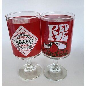 Red Eye Tabasco Bloody Mary Glasses Footed Glasses Vintage Lot of 2 Hot Sauce